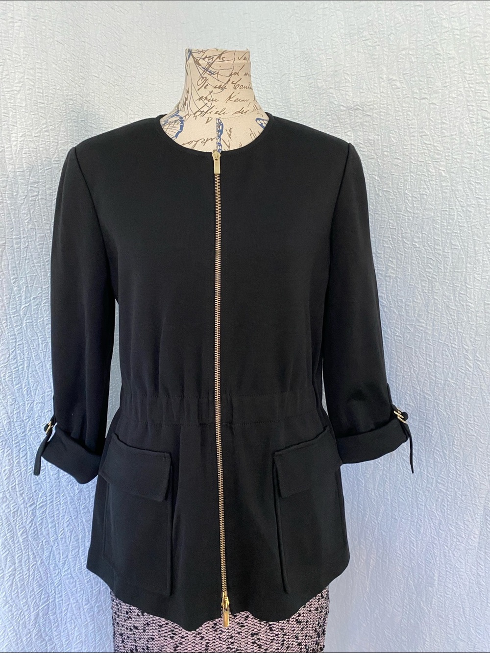 St. John Black Zip-Front Tailored Jacket with Gold Hardware NWOT